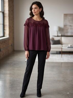 LC Lauren Conrad Burgundy Sheer-Yoke Long-Sleeve Blouse